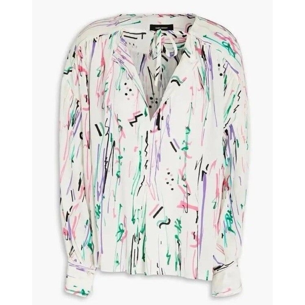 ISABEL MARANT Silk Amba Blouse Lightweight Top Sz 40 / 8 Ecru Printed Split Neck